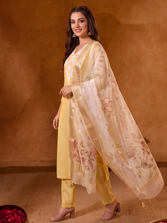 Embroidered Yellow Straight Kurta Set