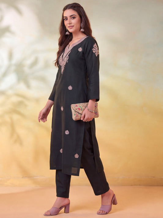 Embroidered Dark Green Straight Kurta Set