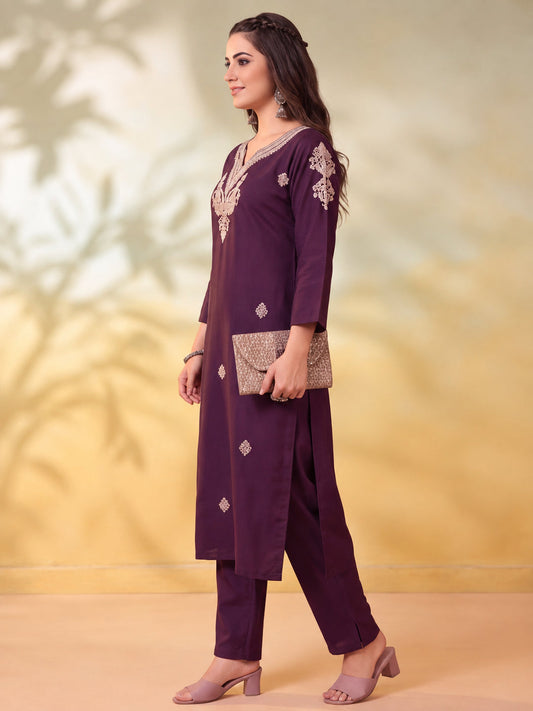 Embroidered Wine Straight Kurta Set