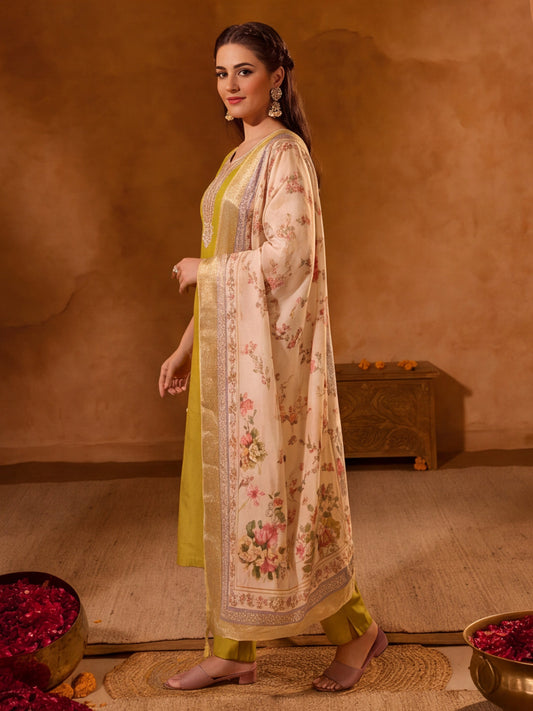 Embroidered Mustard Straight Kurta Set