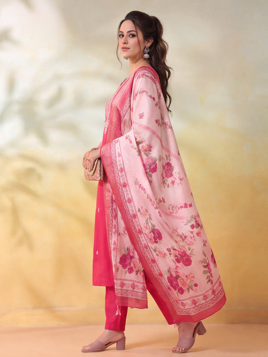 Embroidered Rani Pink Straight Kurta Set