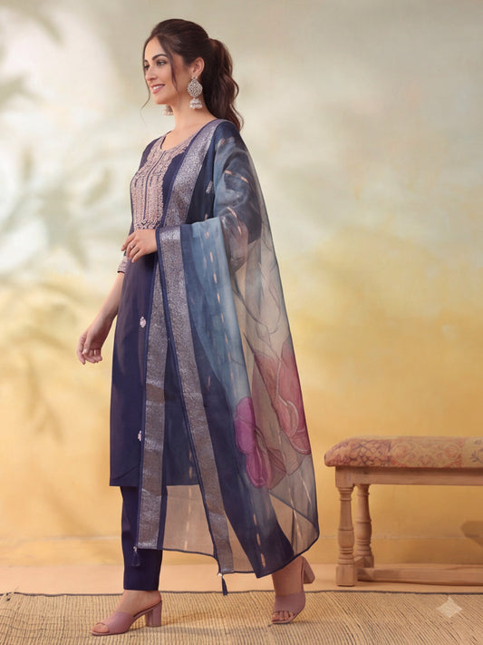 Embroidered Navy Blue Straight Kurta Set