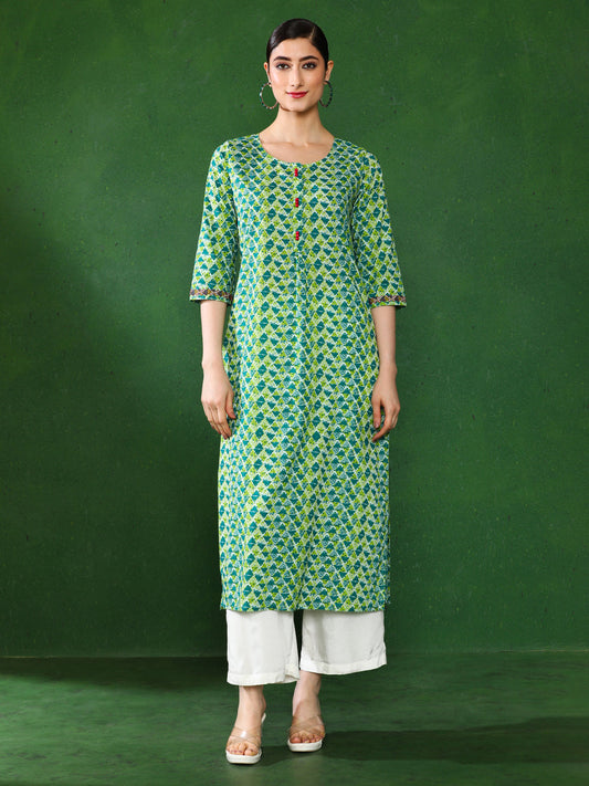 Green & Blue Geometric Kurta