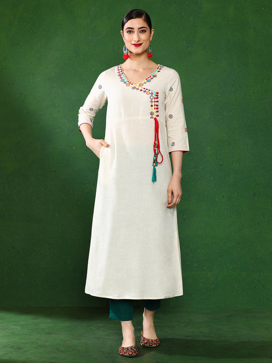 Off-White Embroidered A-Line Cotton Kurta