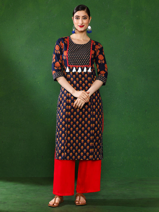 Navy Blue Ethnic Print Kurta