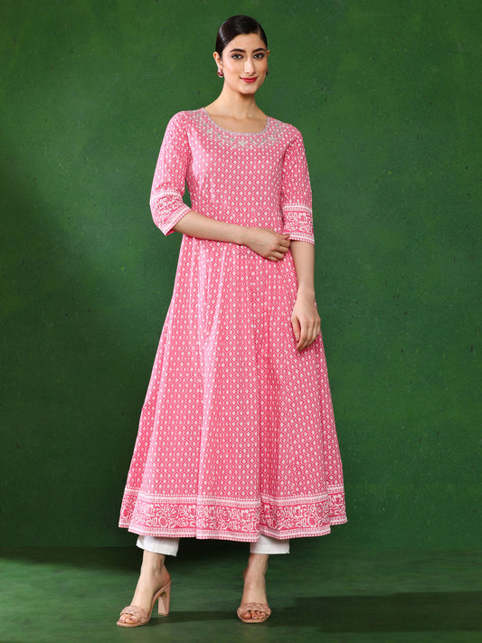 Pink Printed Anarkali With Embroidered Yoke