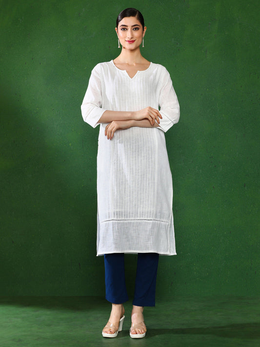 White Cotton Pin Tucks Straight Kurta