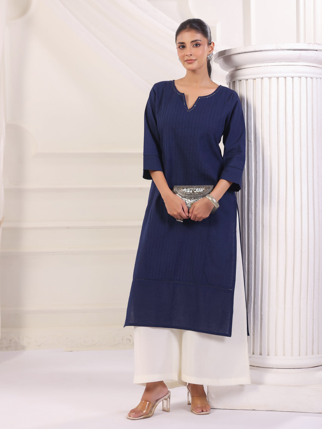 Keyhole Solid Staright Three Kurta