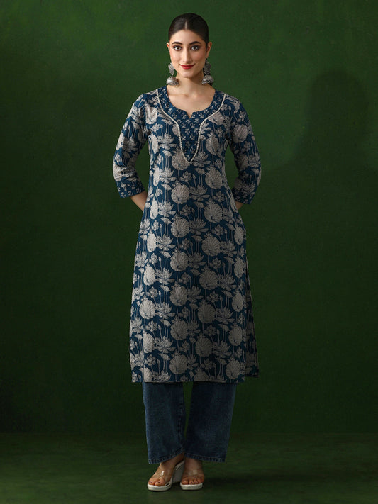 Floral Embroidered Straight Cotton Kurta