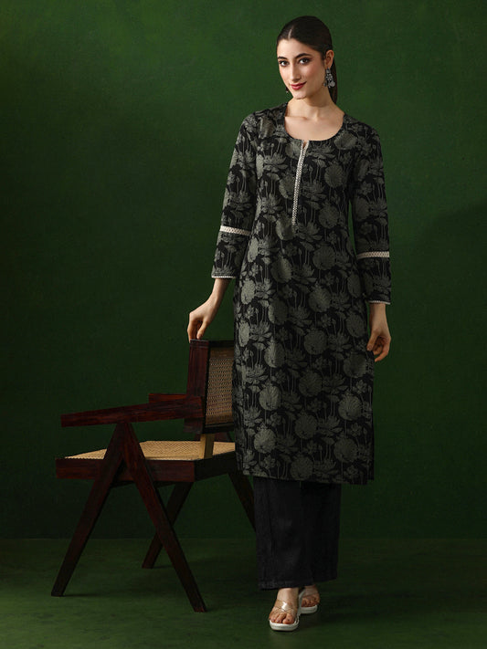 Floral Embroidered Straight Cotton Kurta