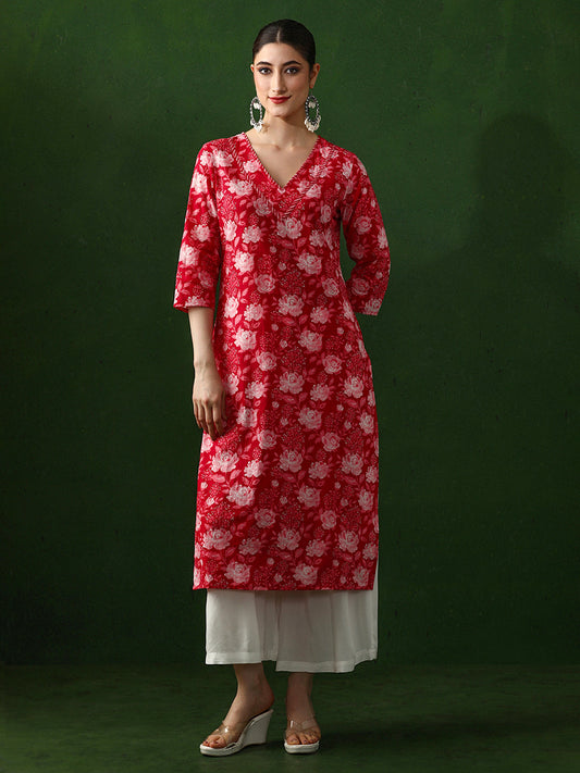 Floral Printed Straight Cotton Kurta