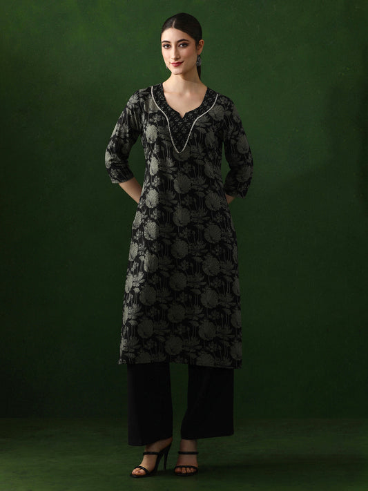 Floral Embroidered Straight Cotton Kurta