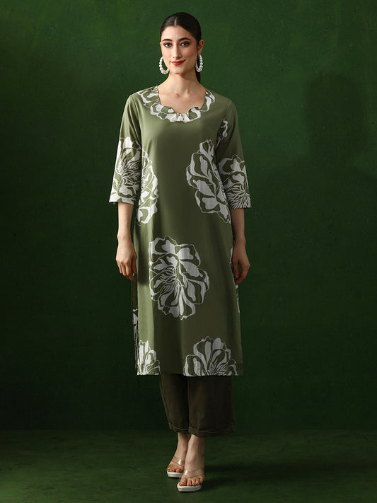 Floral Embroidered Straight Cotton Kurta