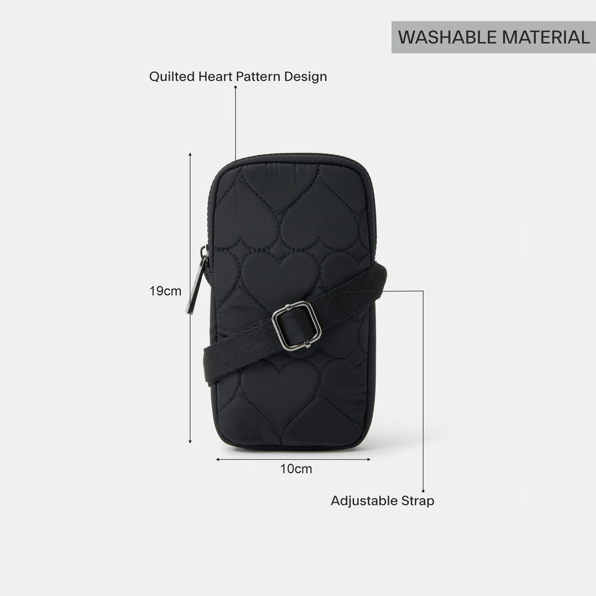 Black Heart Quilted Nylon Phone Bag
