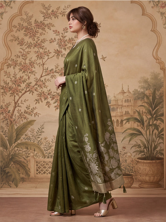 Olive Green Floral Woven Saree