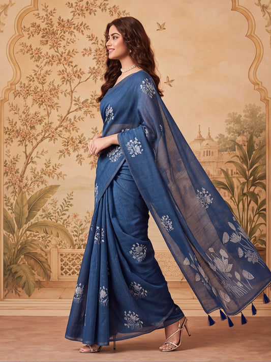 Blue Floral Woven Design Saree
