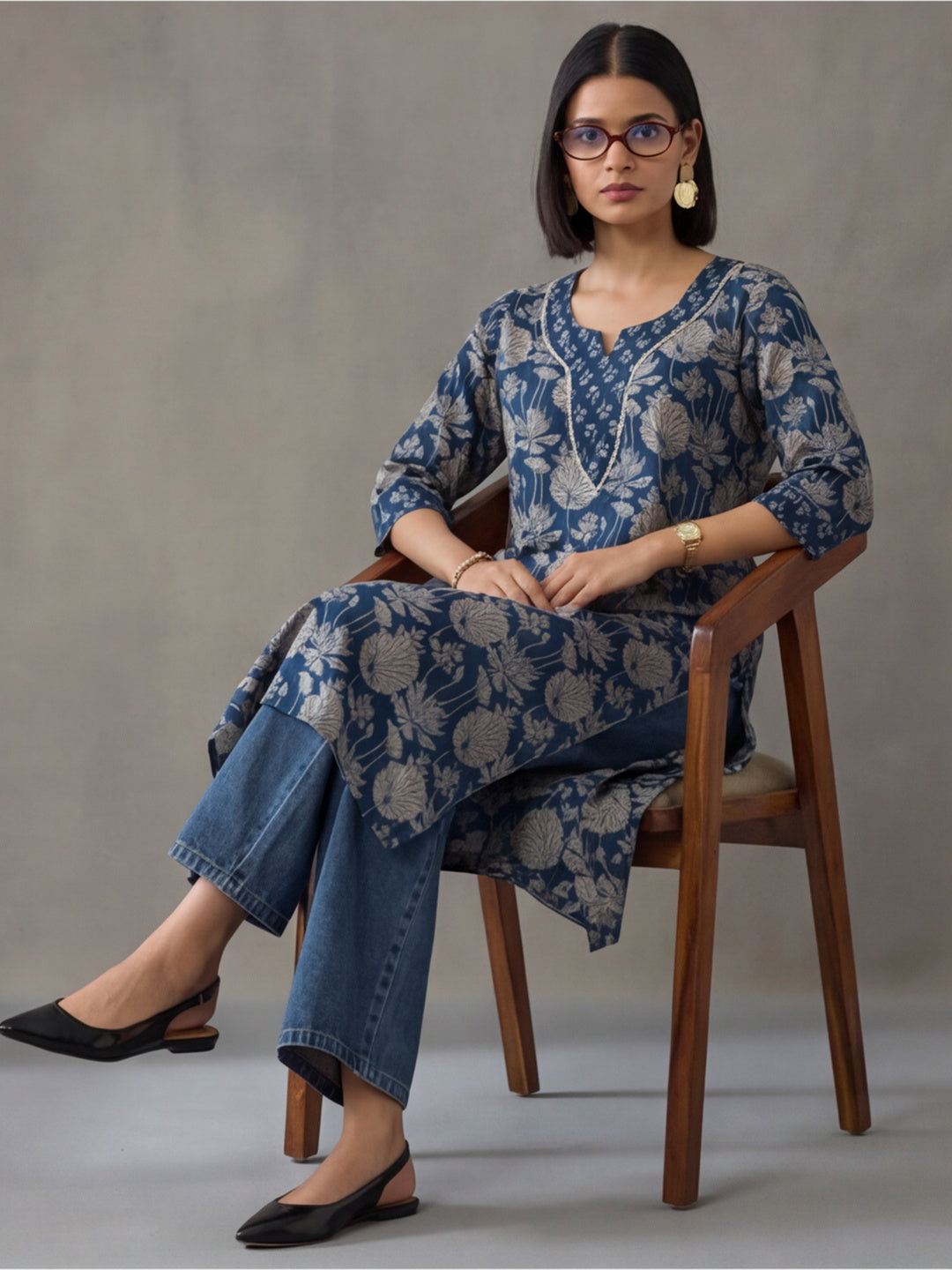 Floral Embroidered Straight Cotton Kurta