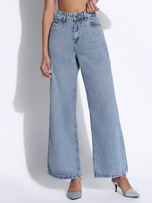 Women's Solid Blue Wide Leg Jeans