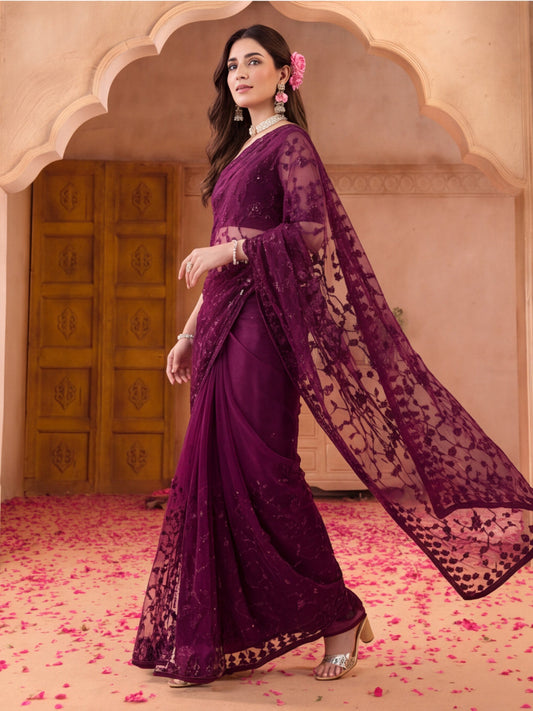 Purple Embroidered Sheer Saree