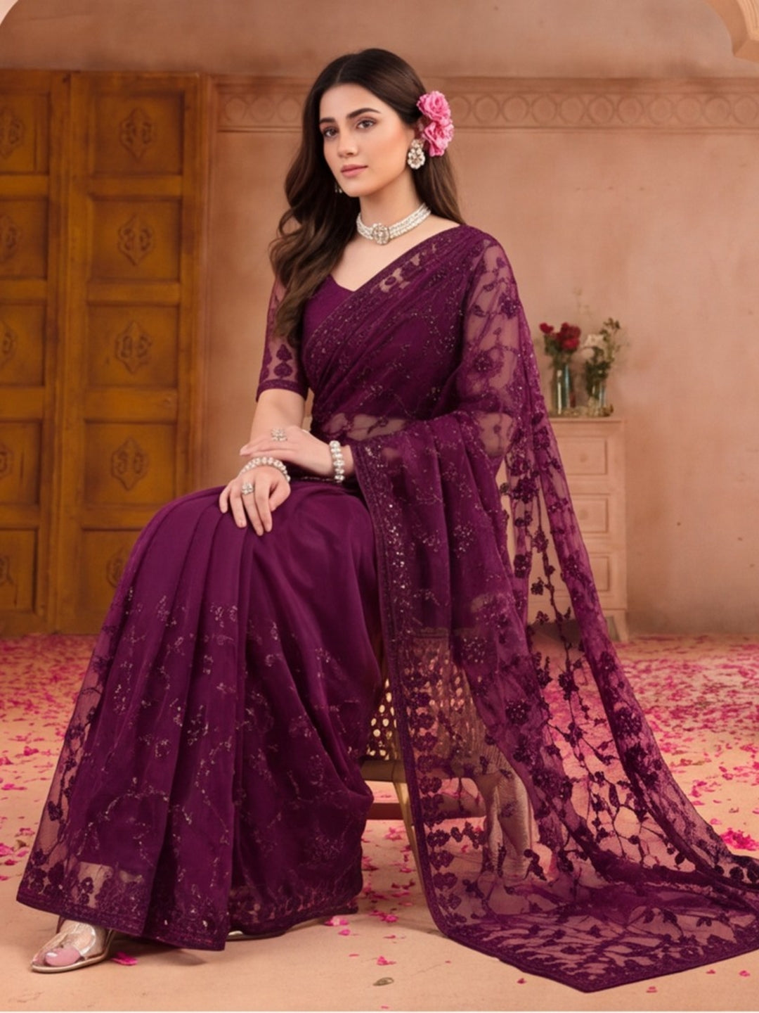Purple Embroidered Sheer Saree