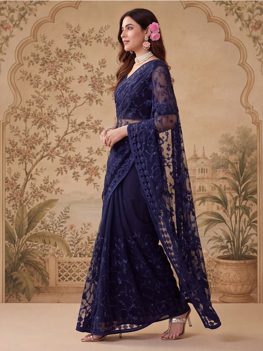 Navy Blue Embroidered Sheer Saree