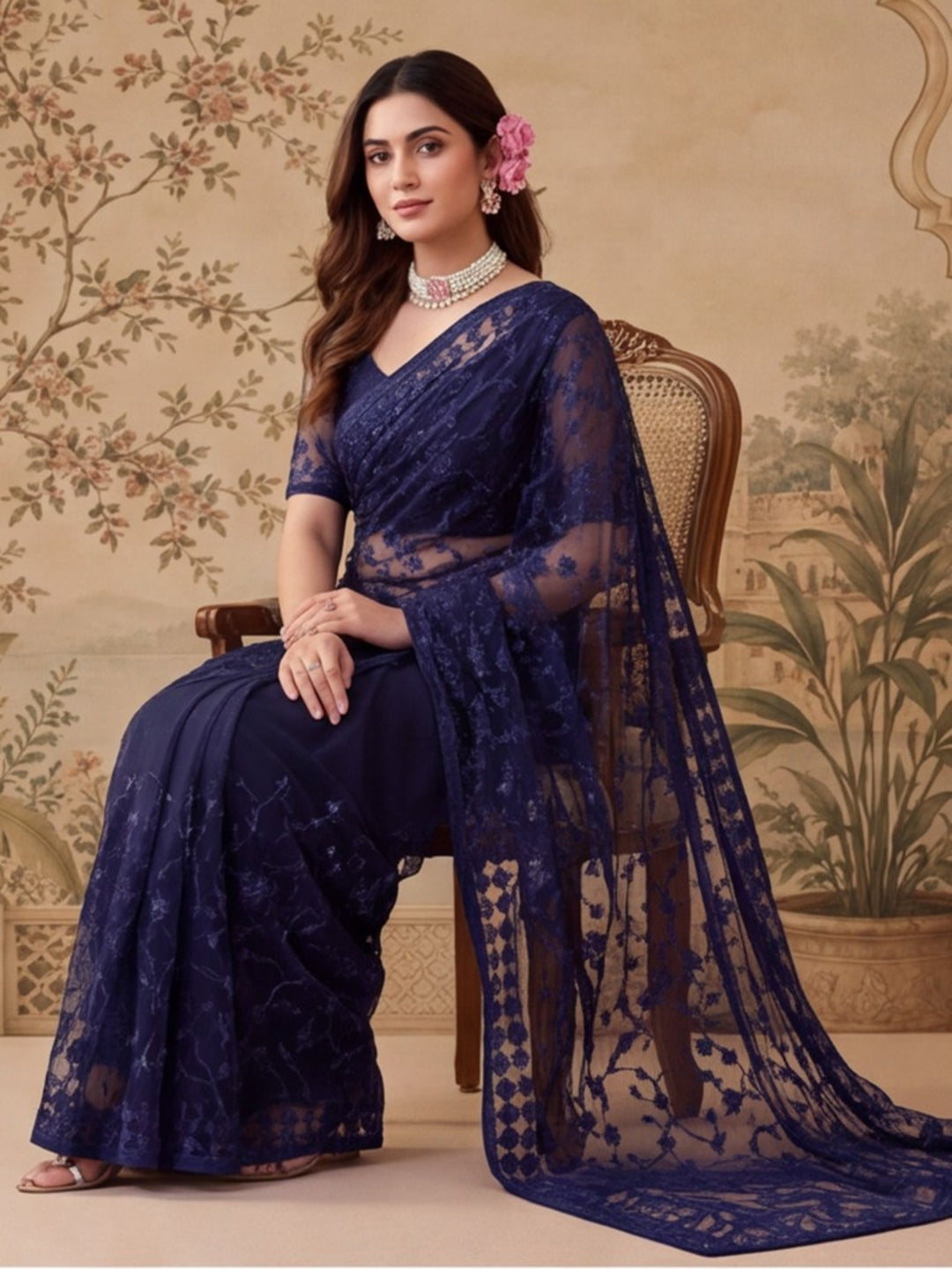Navy Blue Embroidered Sheer Saree
