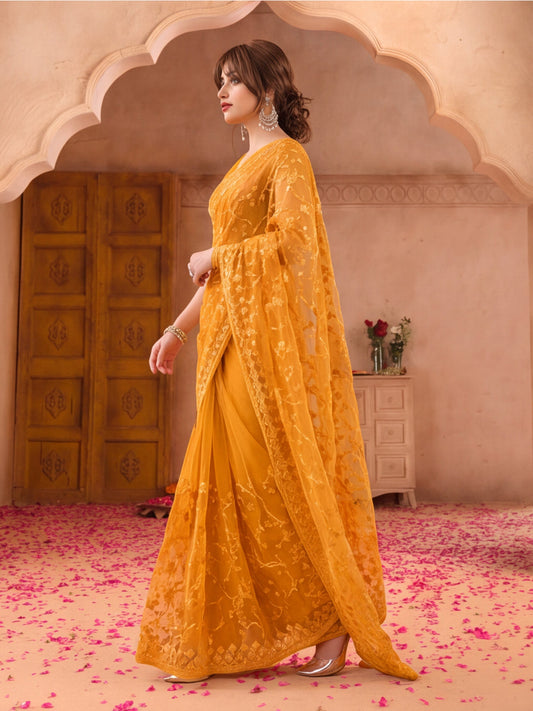 Mustard Blue Embroidered Sheer Saree