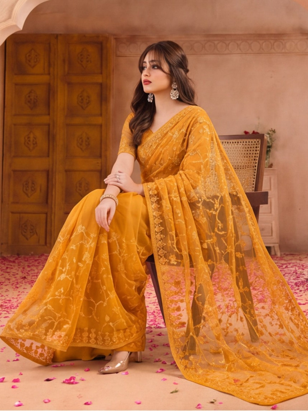Mustard Blue Embroidered Sheer Saree