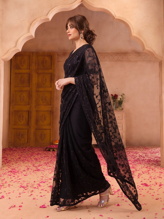 Black Blue Embroidered Sheer Saree