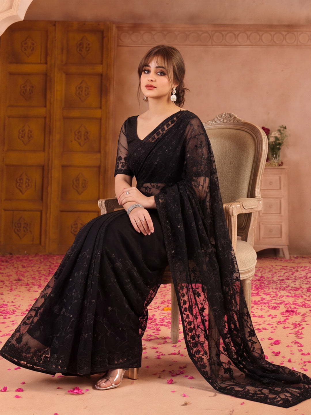 Black Blue Embroidered Sheer Saree