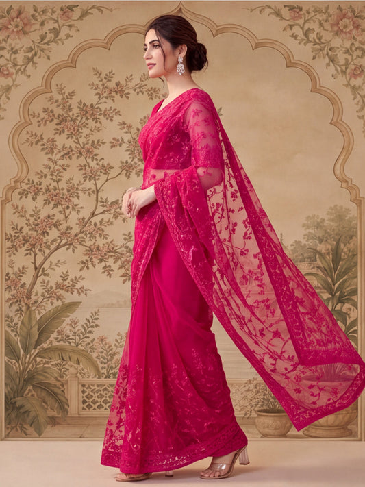 Pink Embroidered Sheer Saree