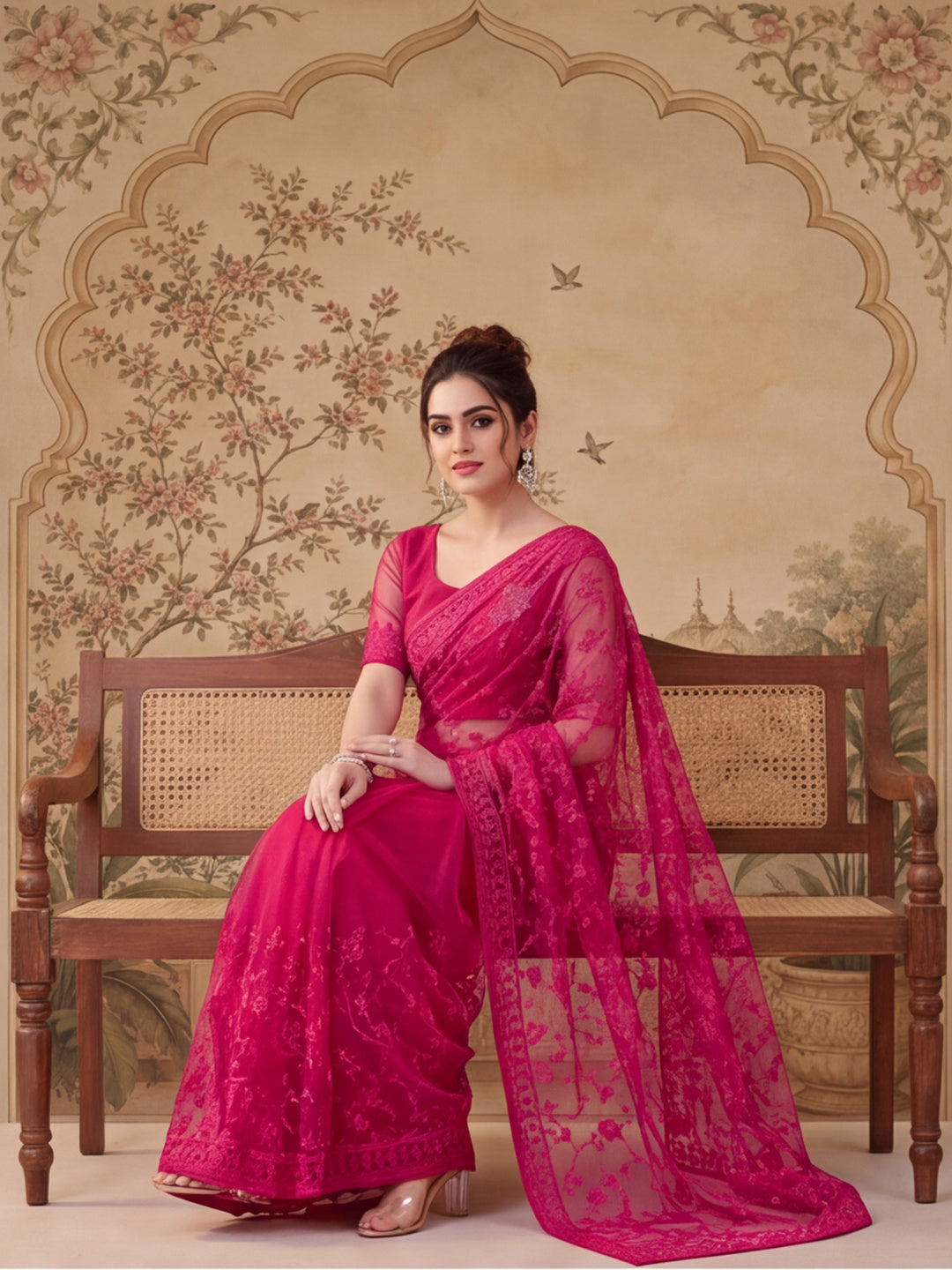 Pink Embroidered Sheer Saree