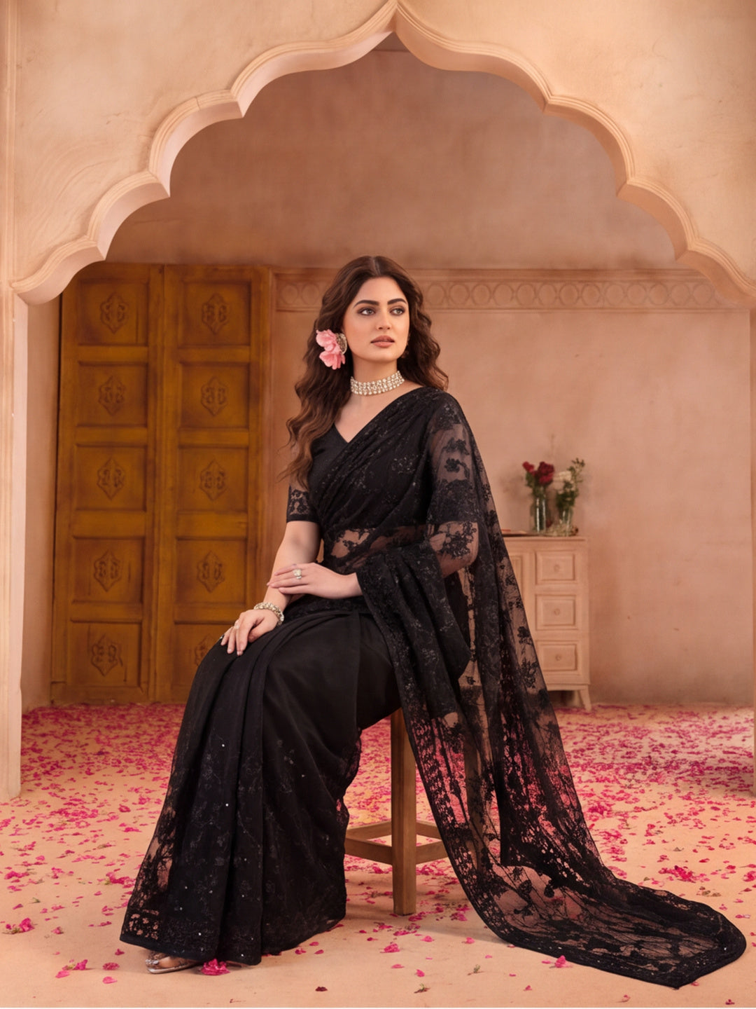 Black Embroidered Sheer Saree