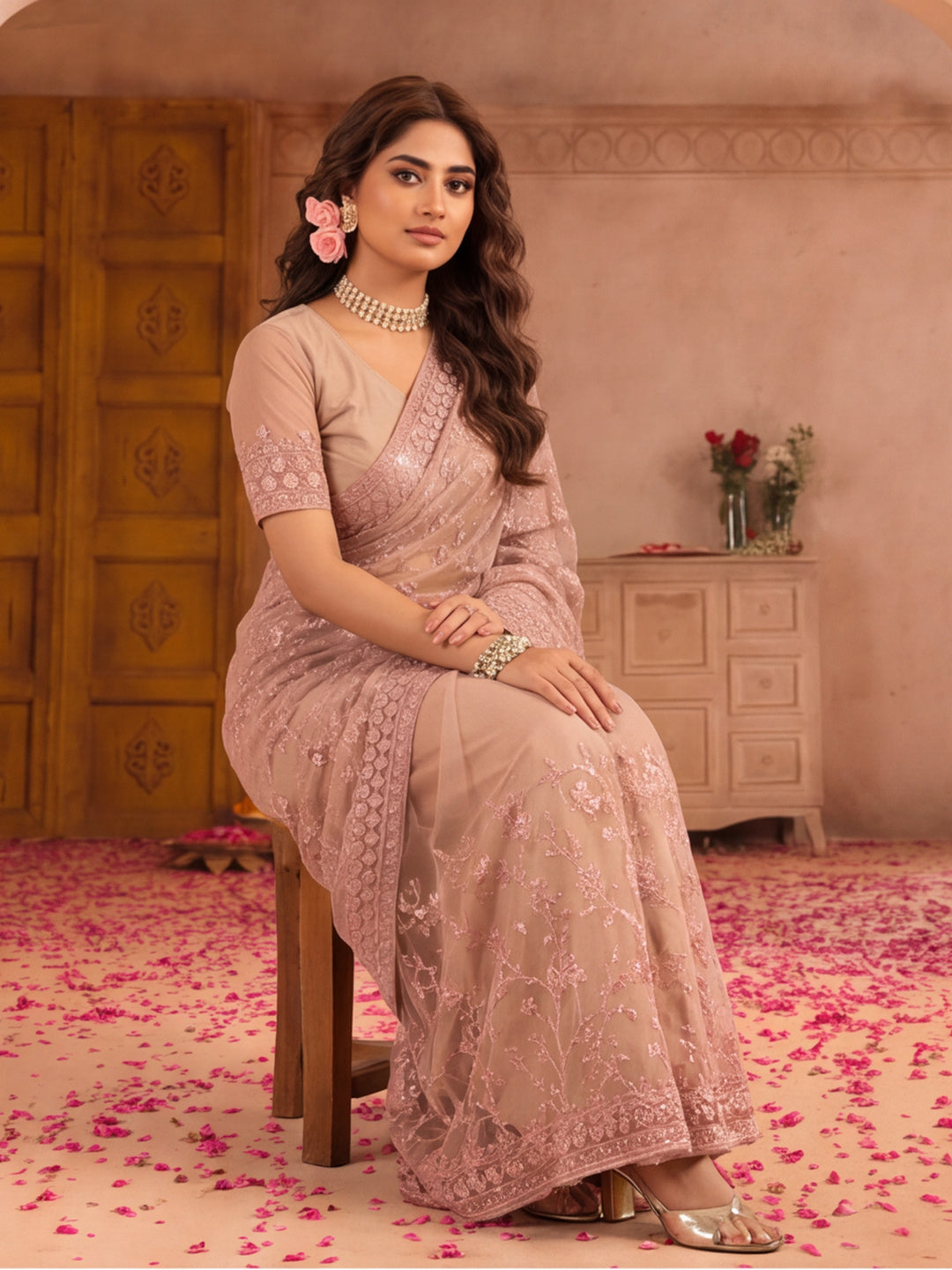 Blush Pink Embroidered Sheer Saree