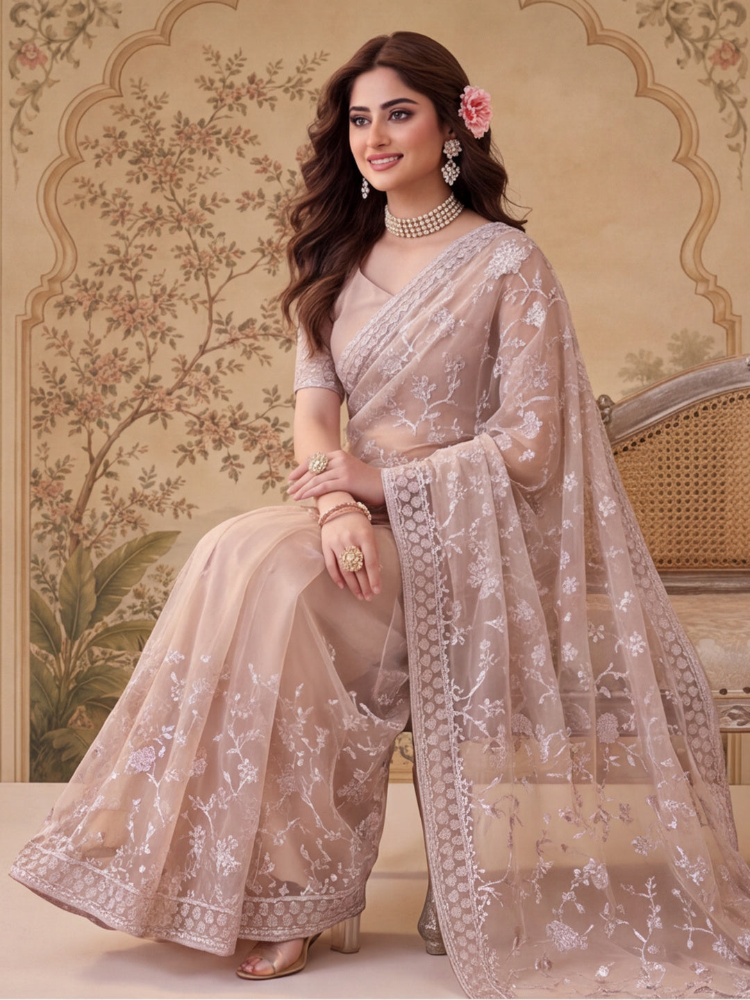 Cement Beige Embroidered Sheer Saree
