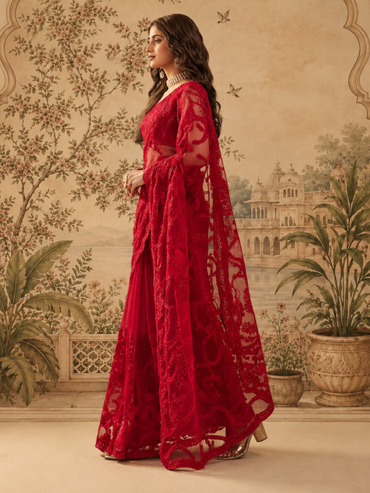 Red Embroidered Sheer Saree
