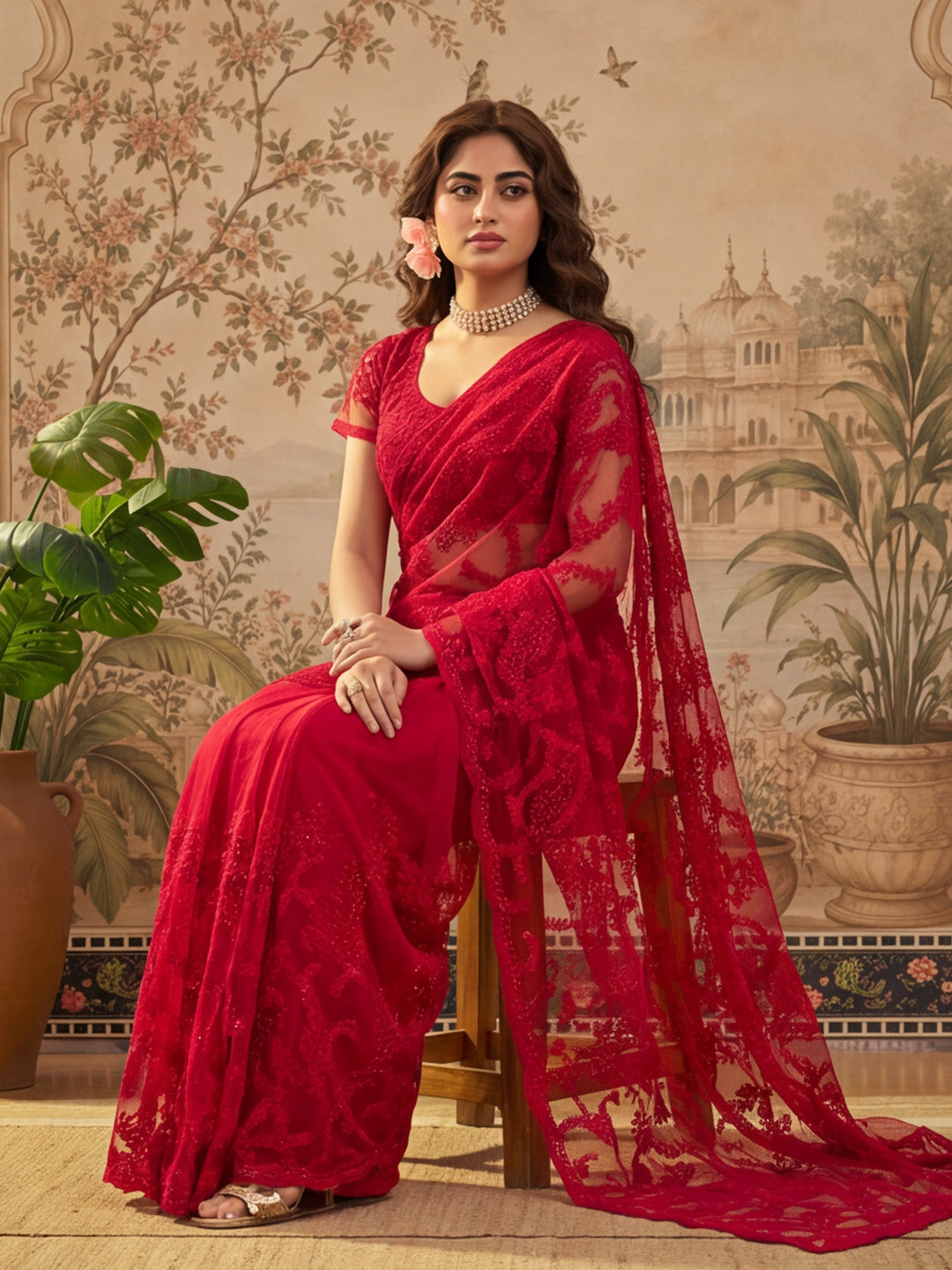 Red Embroidered Sheer Saree