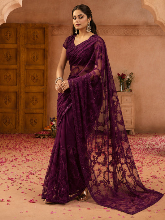 Purple Embroidered Sheer Saree