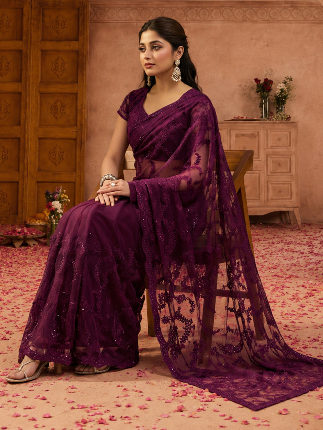 Purple Embroidered Sheer Saree