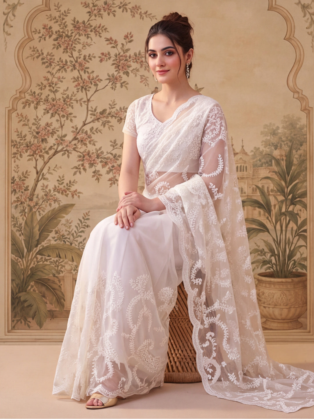 White Embroidered Sheer Saree