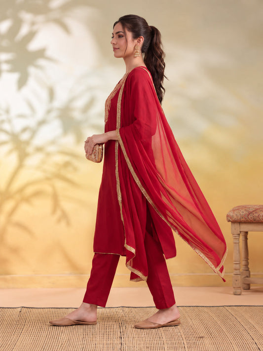 Embroidery Red Kurta Set