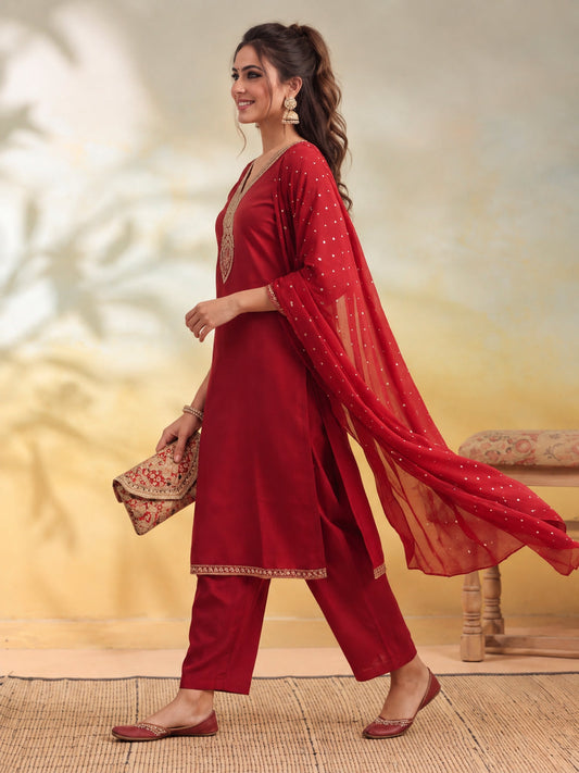 Embroidery Red Kurta Set