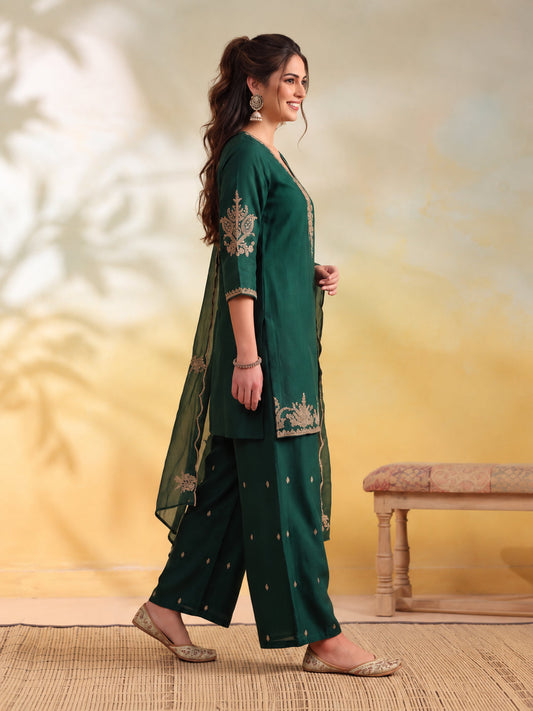 Embroidery Bottle Green Kurta Set