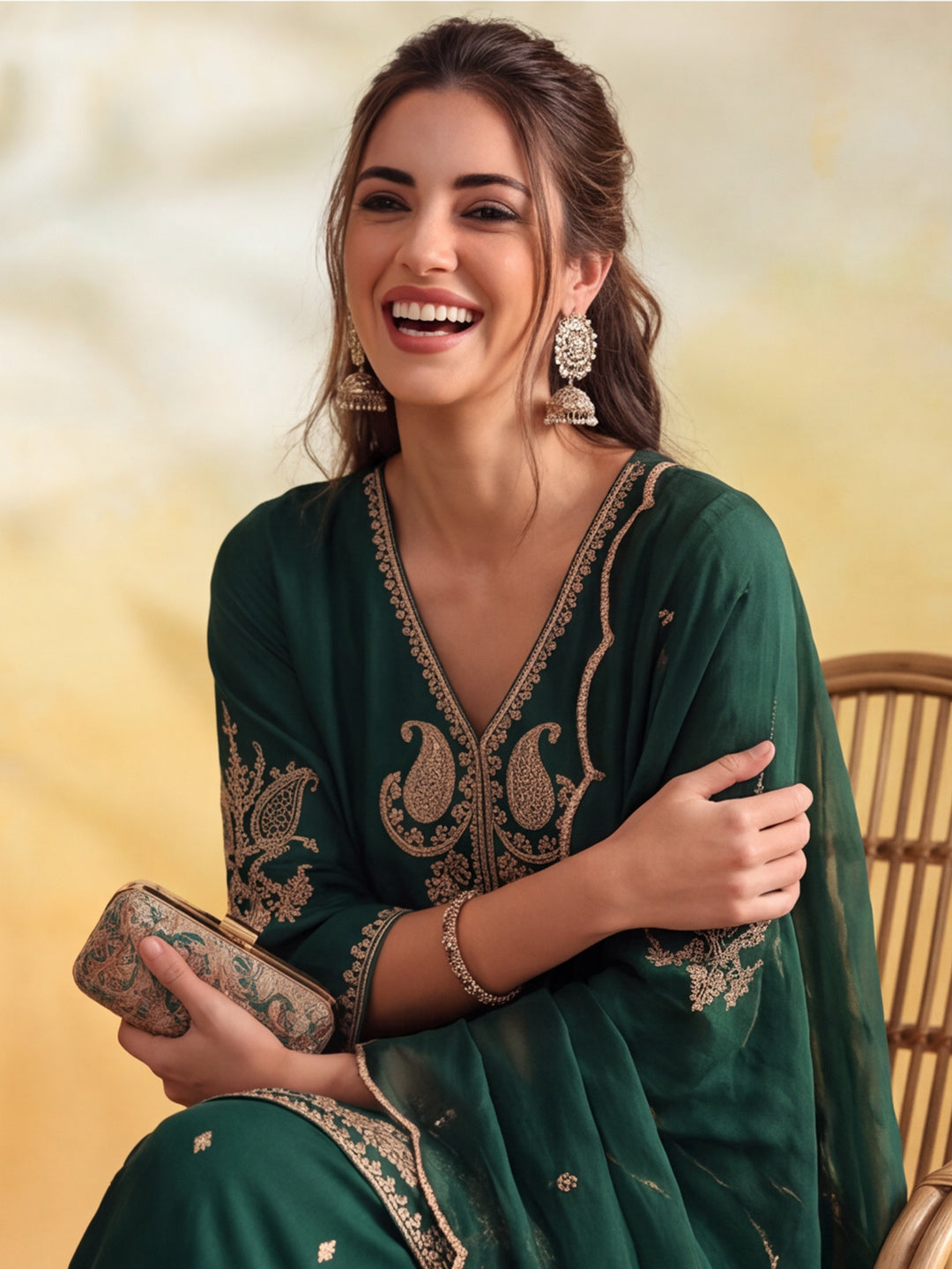 Embroidery Bottle Green Kurta Set