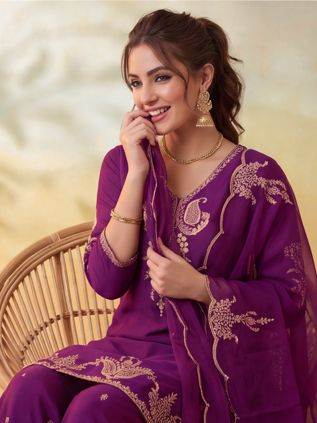 Embroidery Wine Kurta Set