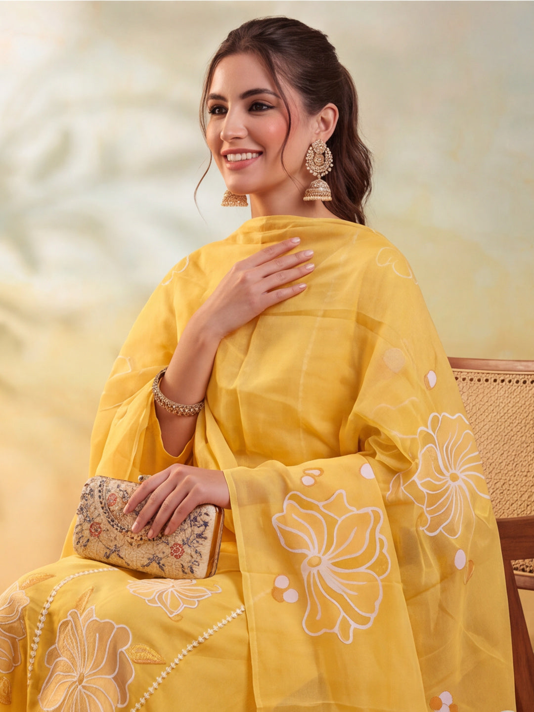 Floral Embroidery Yellow Kurta Set