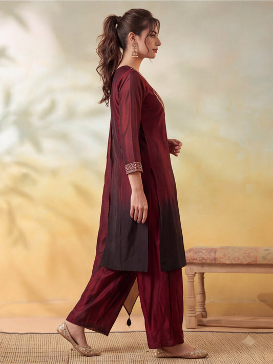 Embroidery Maroon Kurta Set