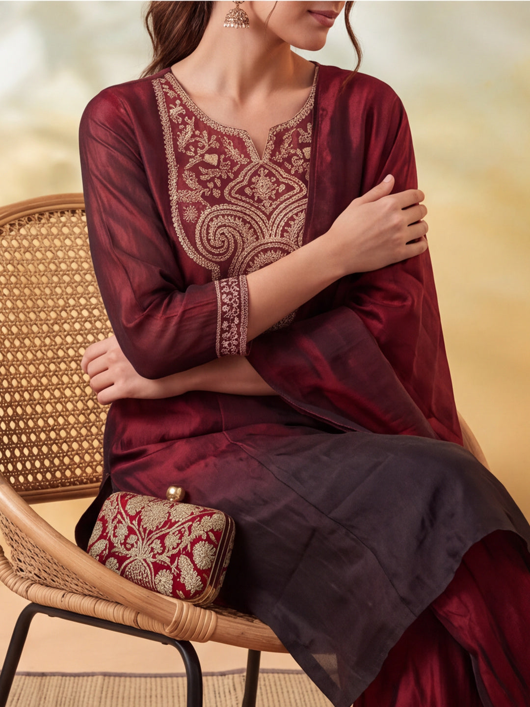 Embroidery Maroon Kurta Set