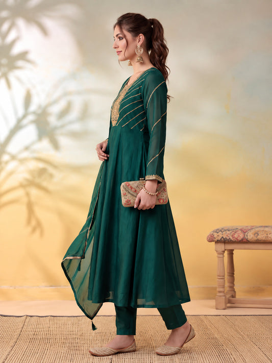 Embroidery Bottle Green Kurta Set