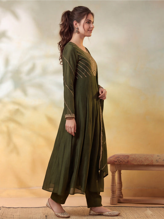 Embroidery Mehndi Green Kurta Set